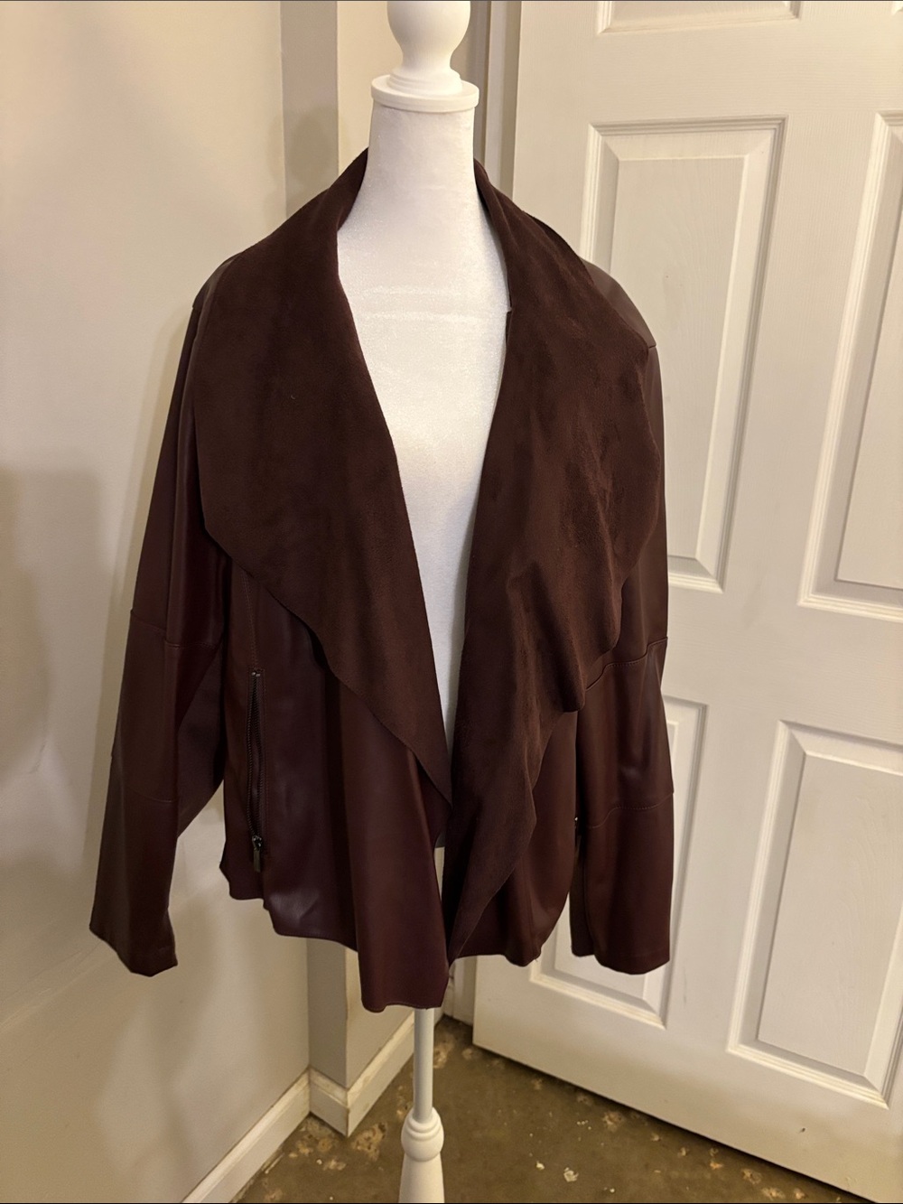 bagatelle Chocolate Brown Draped Open-Front Leather Jacket